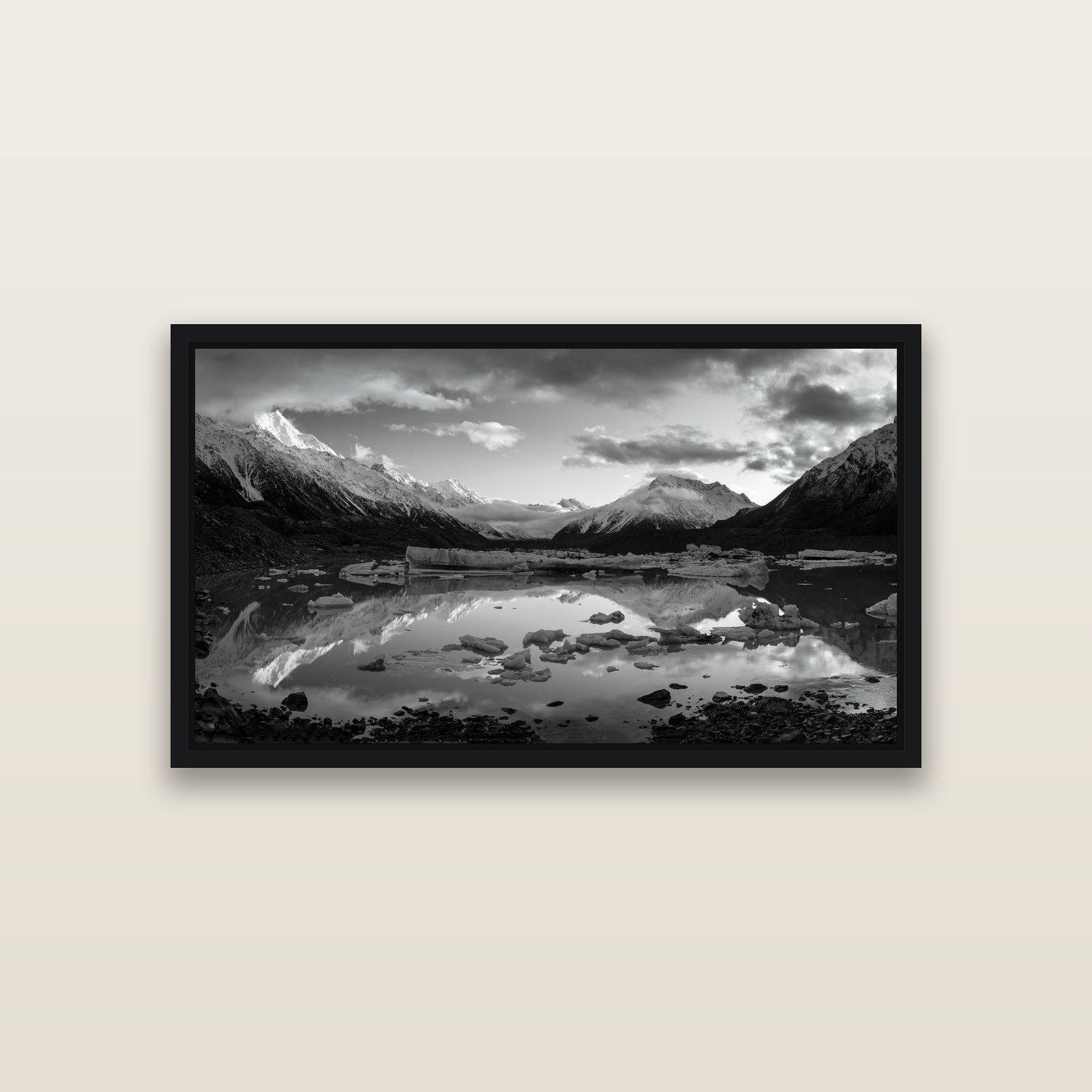 Aurora of Aoraki, Tasman Glacier's Awakening — Black framed metallic canvas print, small 81 × 46 cm. New Zealand fine art landscape wall art by Stephen Milner.