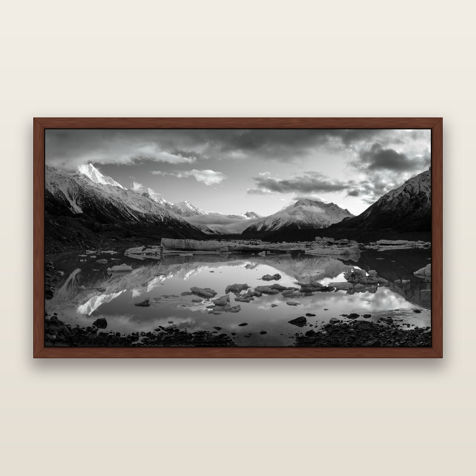 Aurora of Aoraki, Tasman Glacier's Awakening, black and white framed metallic canvas print, Brown frame. New Zealand fine art wall art by Stephen Milner.