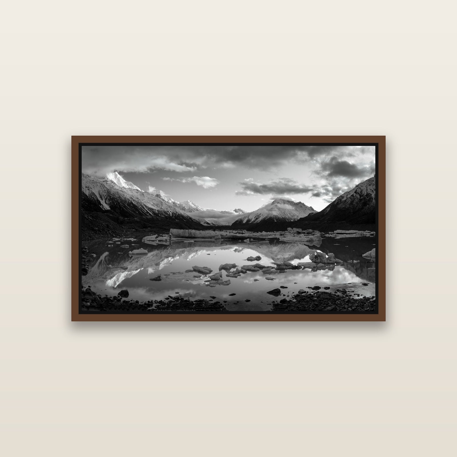 Aurora of Aoraki, Tasman Glacier's Awakening — Brown framed metallic canvas print, small 81 × 46 cm. New Zealand fine art landscape wall art by Stephen Milner.