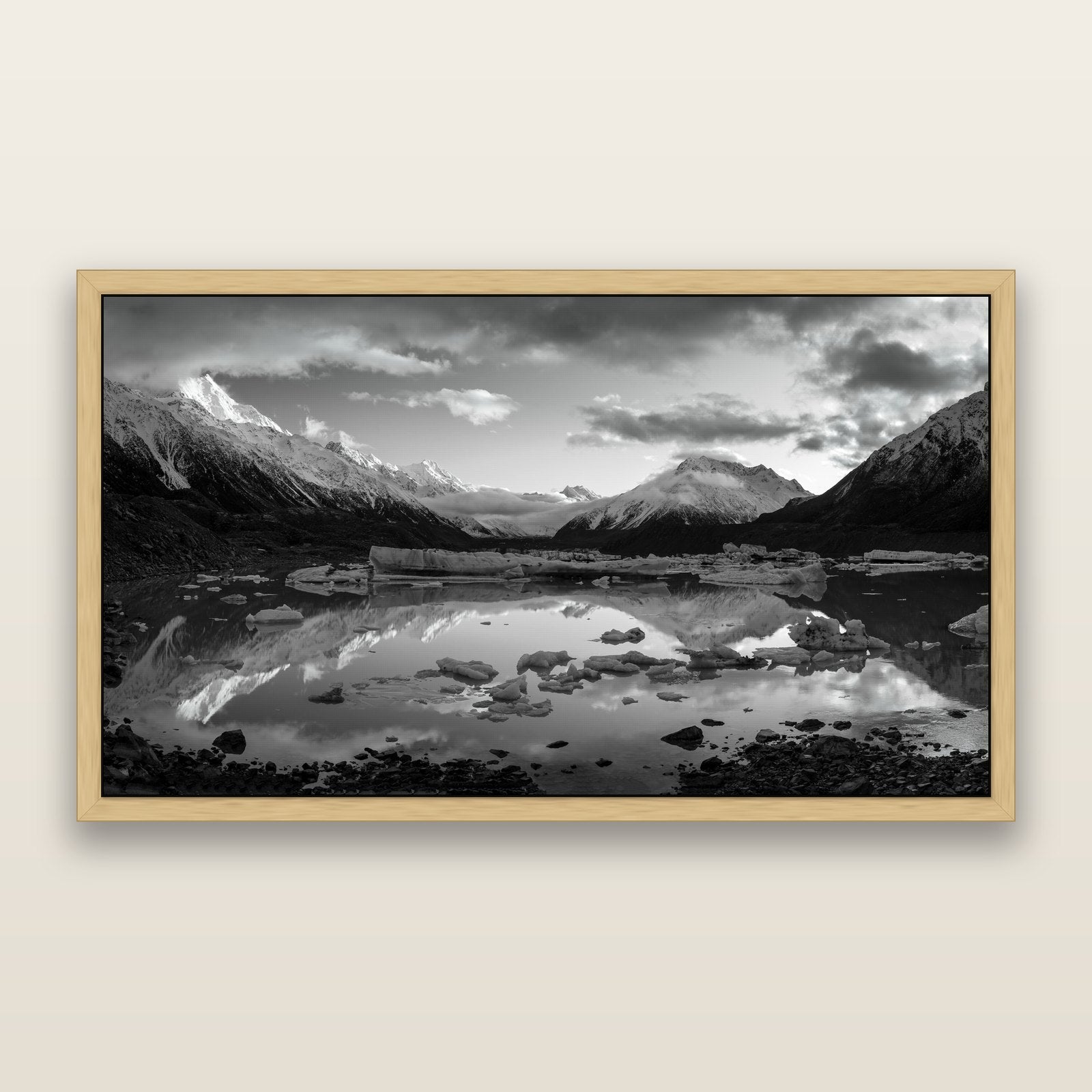 Aurora of Aoraki, Tasman Glacier's Awakening, black and white framed metallic canvas print, Natural frame. New Zealand fine art wall art by Stephen Milner.