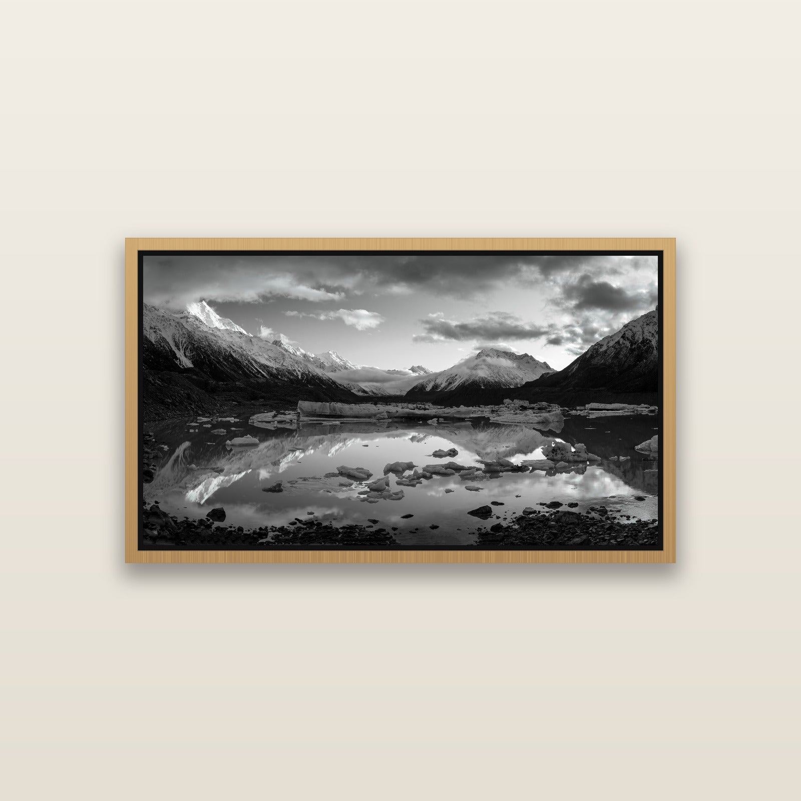 Aurora of Aoraki, Tasman Glacier's Awakening — Natural framed metallic canvas print, small 81 × 46 cm. New Zealand fine art landscape wall art by Stephen Milner.