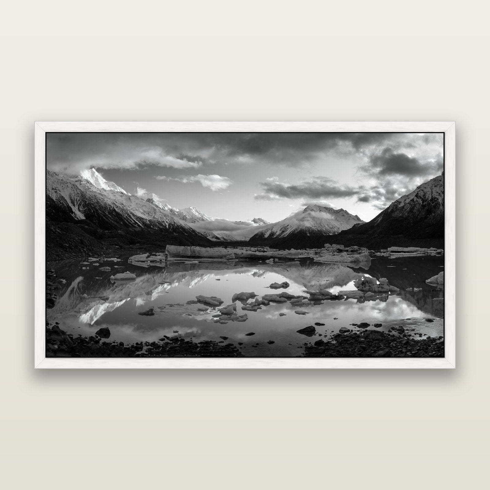 Aurora of Aoraki, Tasman Glacier's Awakening, black and white framed metallic canvas print, White frame. New Zealand fine art wall art by Stephen Milner.