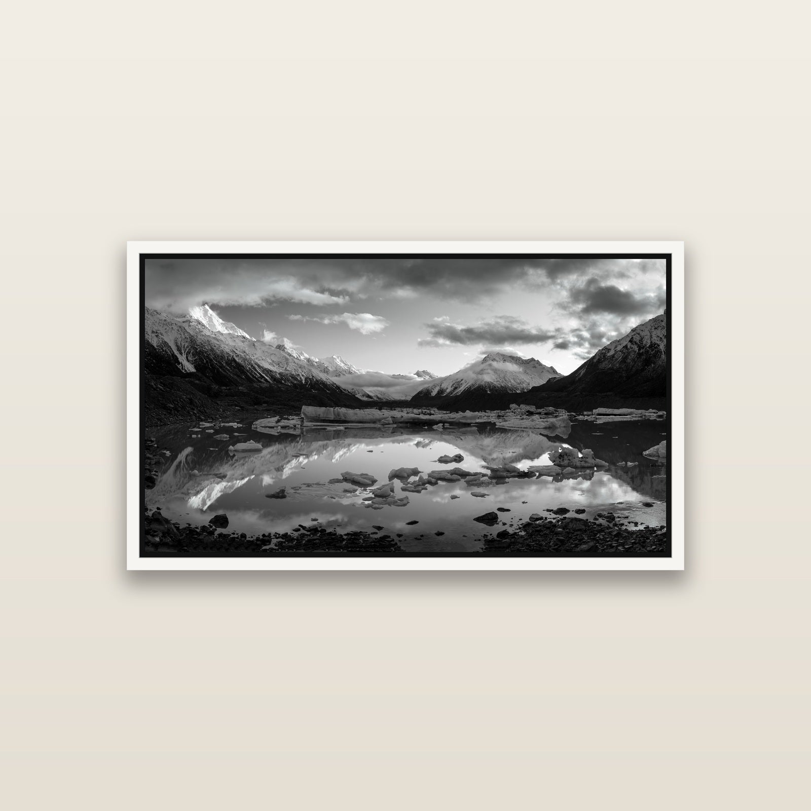 Aurora of Aoraki, Tasman Glacier's Awakening — White framed metallic canvas print, small 81 × 46 cm. New Zealand fine art landscape wall art by Stephen Milner.