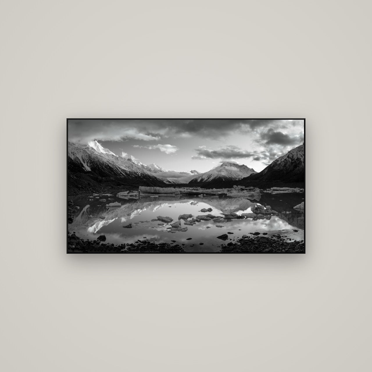 Aurora of Aoraki, Tasman Glacier's Awakening — ArtBox Black, 107×60 cm. New Zealand fine art wall art by Stephen Milner.