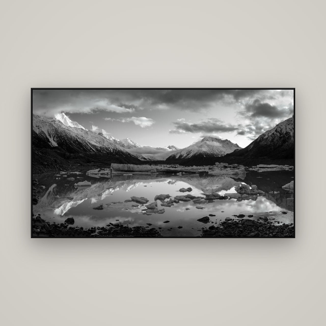 Aurora of Aoraki, Tasman Glacier's Awakening — ArtBox Black, 160×90 cm. New Zealand fine art wall art by Stephen Milner.