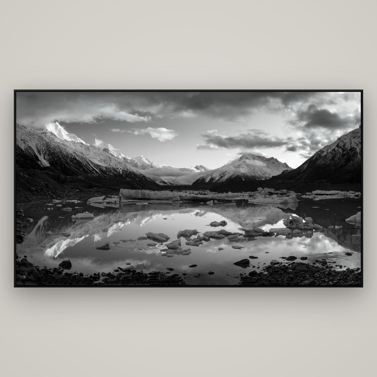Aurora of Aoraki, Tasman Glacier's Awakening — ArtBox Black, 196×110 cm. New Zealand fine art wall art by Stephen Milner.