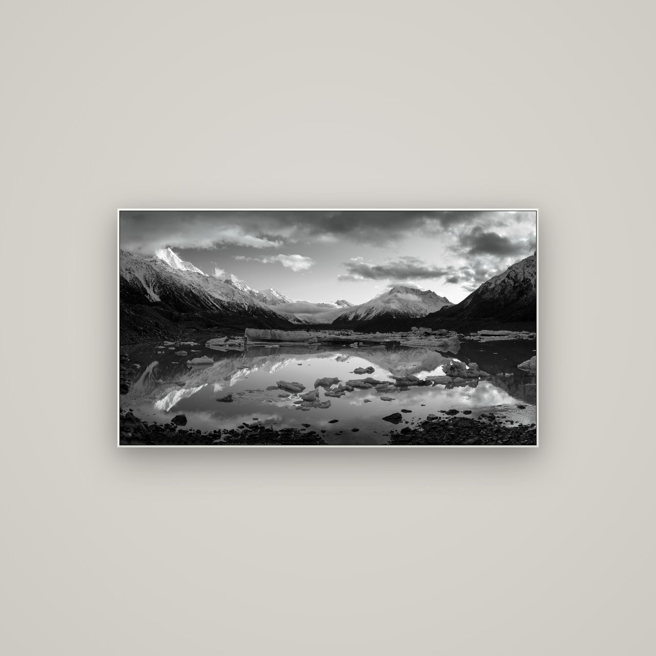 Aurora of Aoraki, Tasman Glacier's Awakening — ArtBox White, 107×60 cm. New Zealand fine art wall art by Stephen Milner.