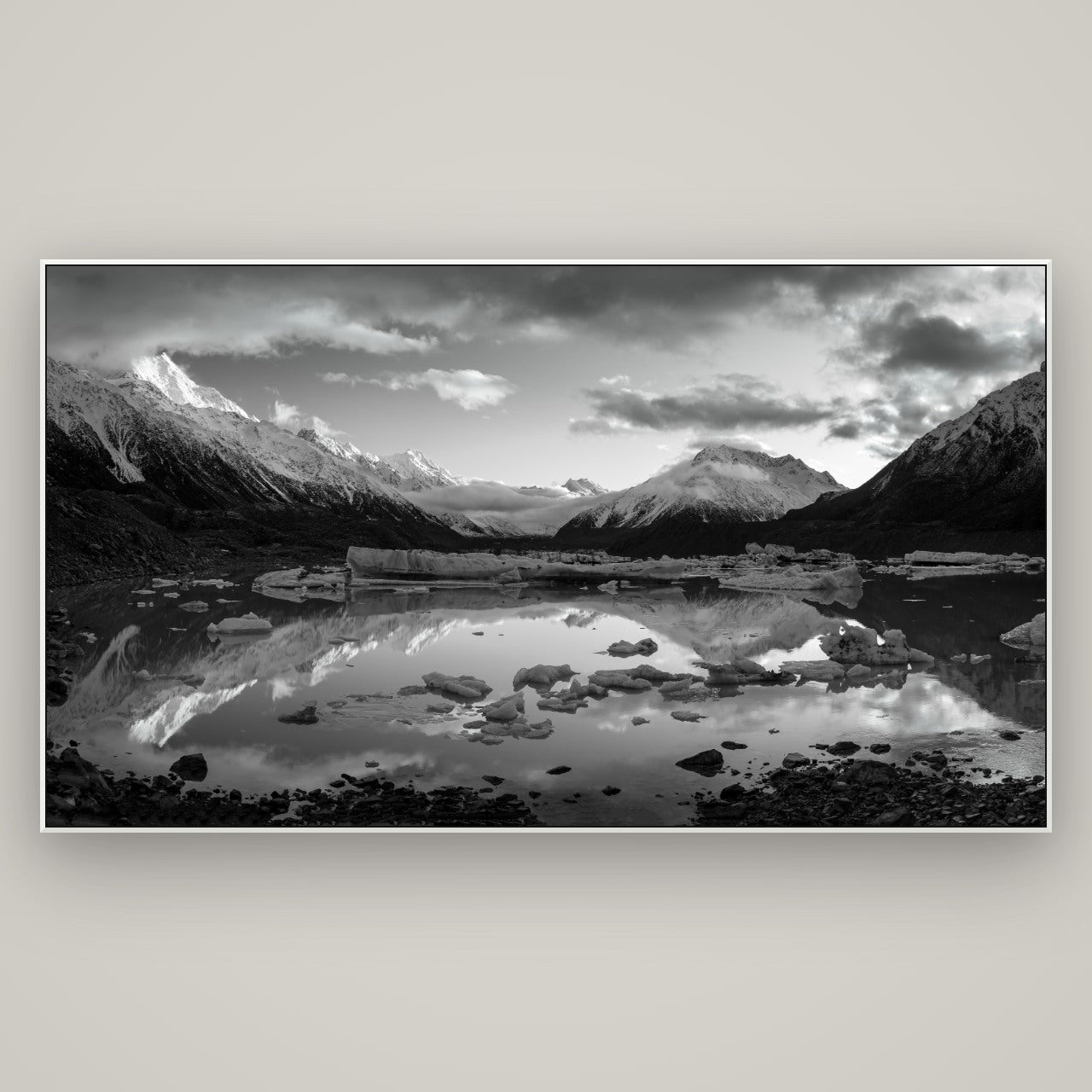 Aurora of Aoraki, Tasman Glacier's Awakening — ArtBox White, 196×110 cm. New Zealand fine art wall art by Stephen Milner.