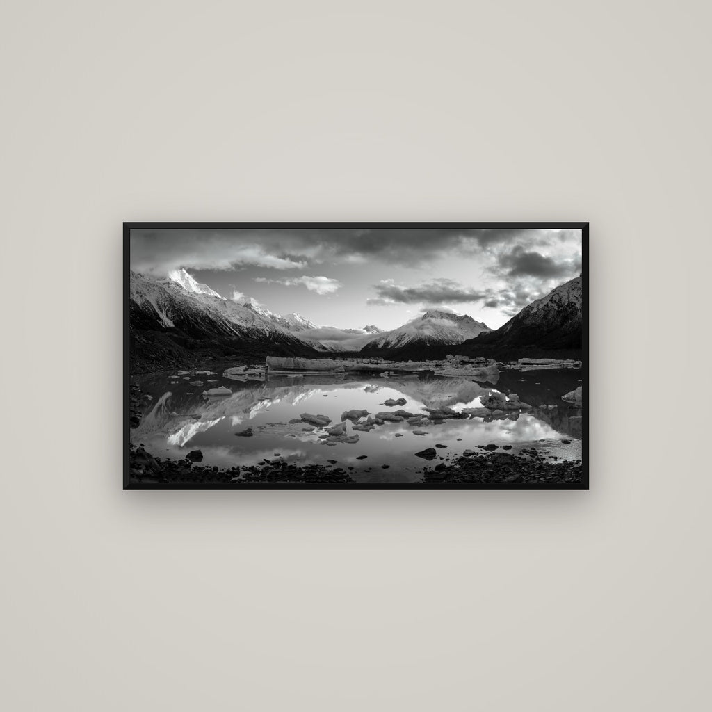 Aurora of Aoraki, Tasman Glacier's Awakening — Basel Black Matte, 107×60 cm. New Zealand fine art wall art by Stephen Milner.