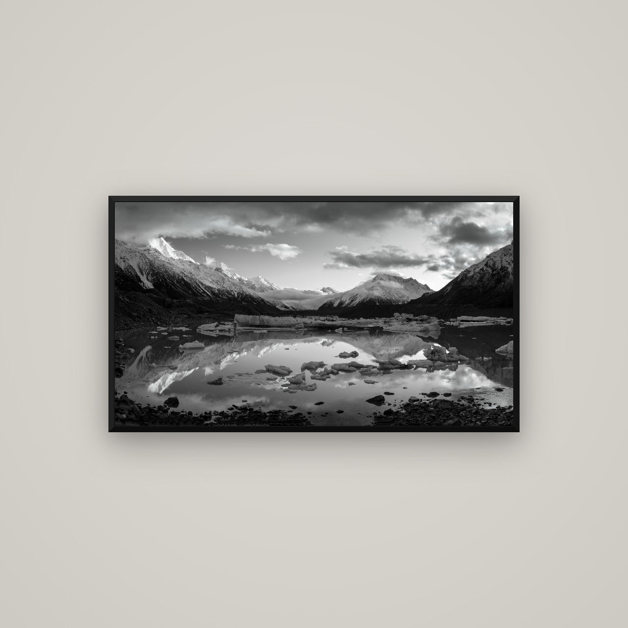 Aurora of Aoraki, Tasman Glacier's Awakening — Basel Black, 107×60 cm. New Zealand fine art wall art by Stephen Milner.