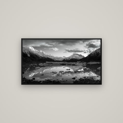 Aurora of Aoraki, Tasman Glacier's Awakening — Basel Black, 107×60 cm. New Zealand fine art wall art by Stephen Milner.
