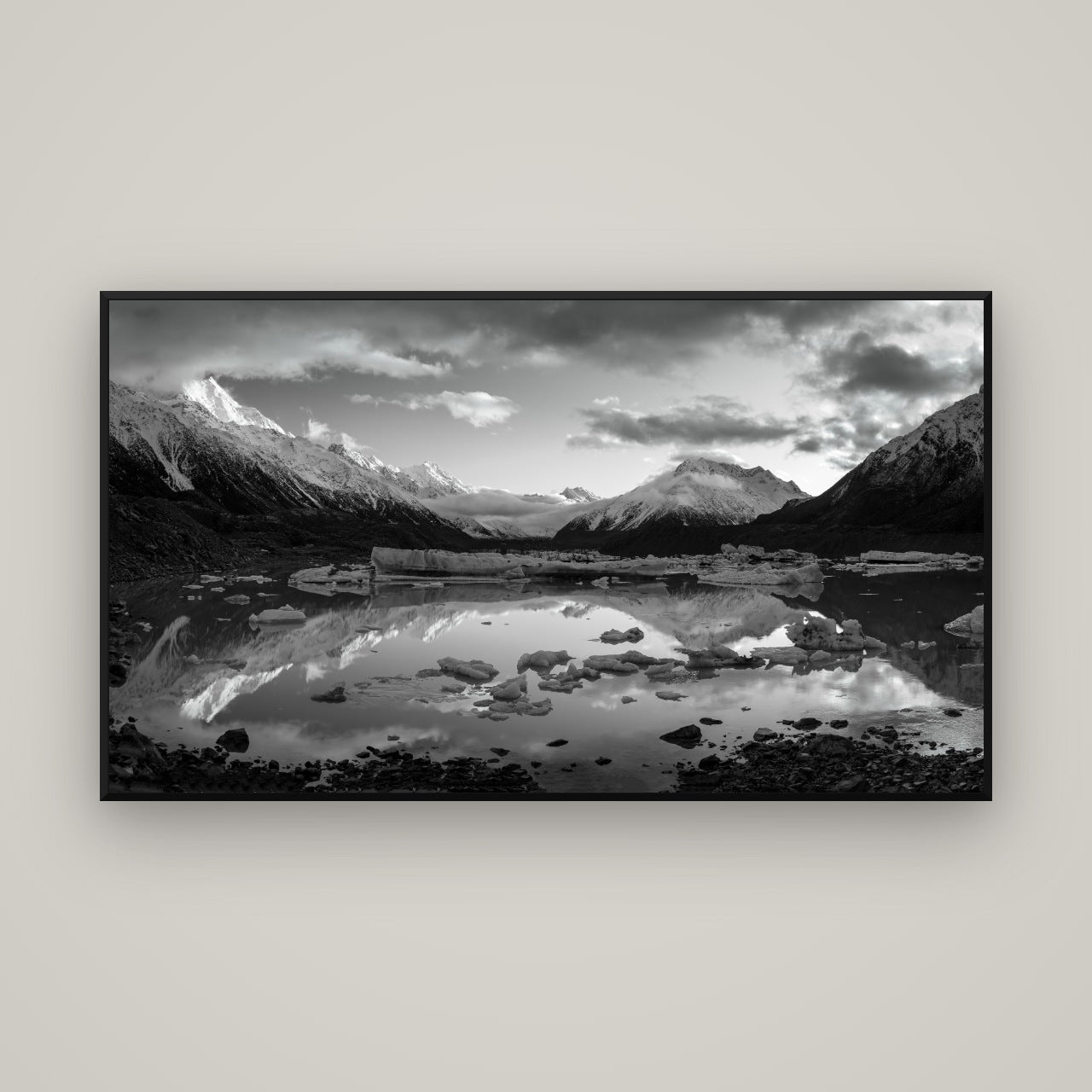 Aurora of Aoraki, Tasman Glacier's Awakening — Basel Black, 160×90 cm. New Zealand fine art wall art by Stephen Milner.