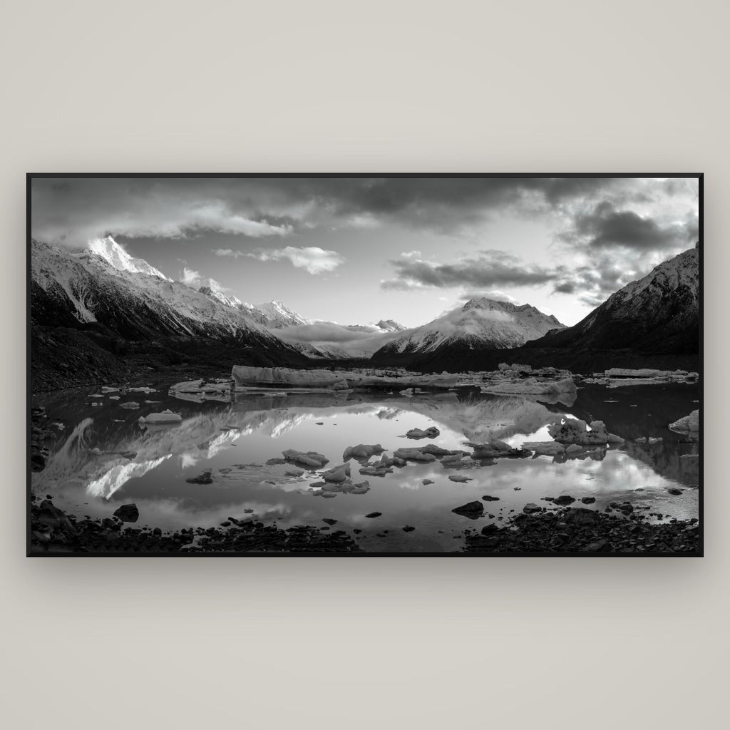 Aurora of Aoraki, Tasman Glacier's Awakening — Basel Black Matte, 196×110 cm. New Zealand fine art wall art by Stephen Milner.