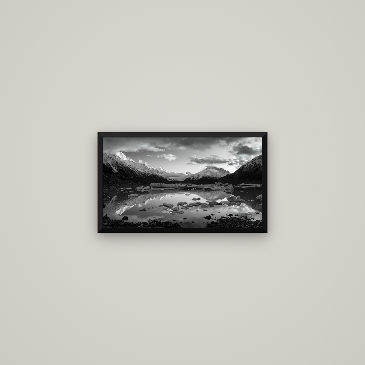 Aurora of Aoraki, Tasman Glacier's Awakening — Basel Black Matte, 53×30 cm. New Zealand fine art wall art by Stephen Milner.