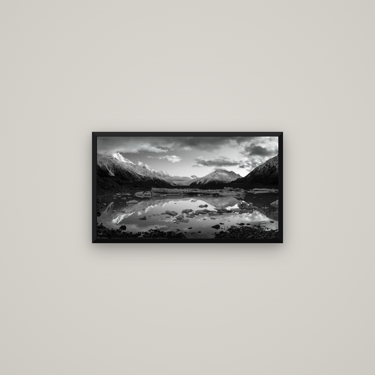 Aurora of Aoraki, Tasman Glacier's Awakening — Basel Black Matte, 64×36 cm. New Zealand fine art wall art by Stephen Milner.