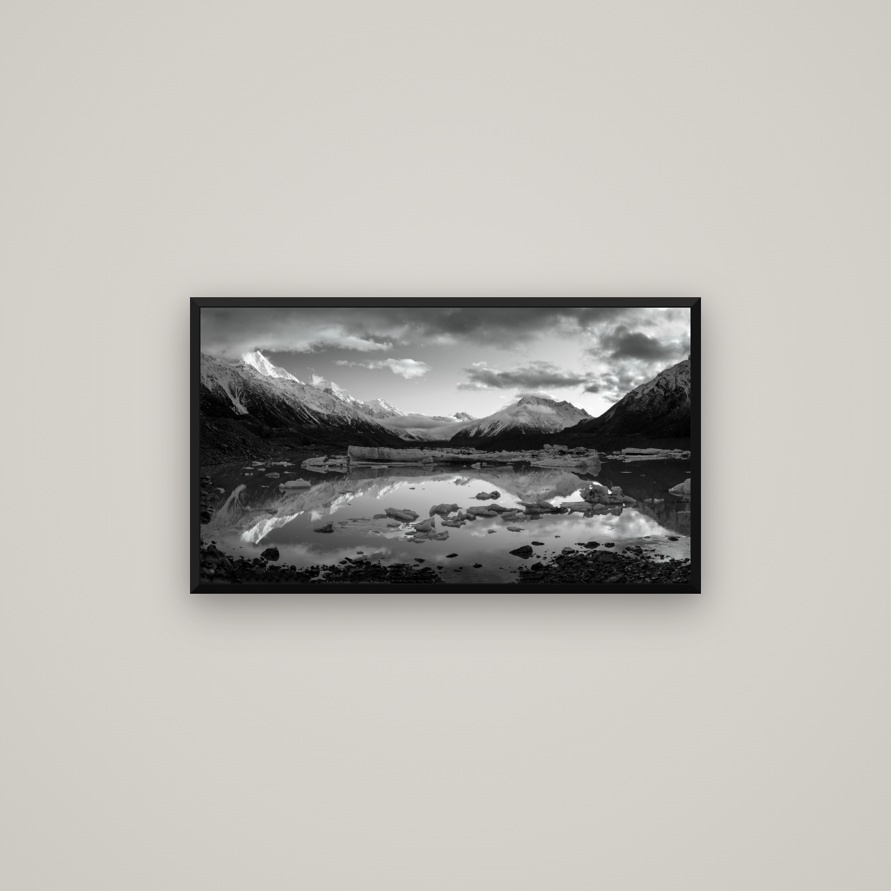 Aurora of Aoraki, Tasman Glacier's Awakening — Basel Black Matte, 80×45 cm. New Zealand fine art wall art by Stephen Milner.