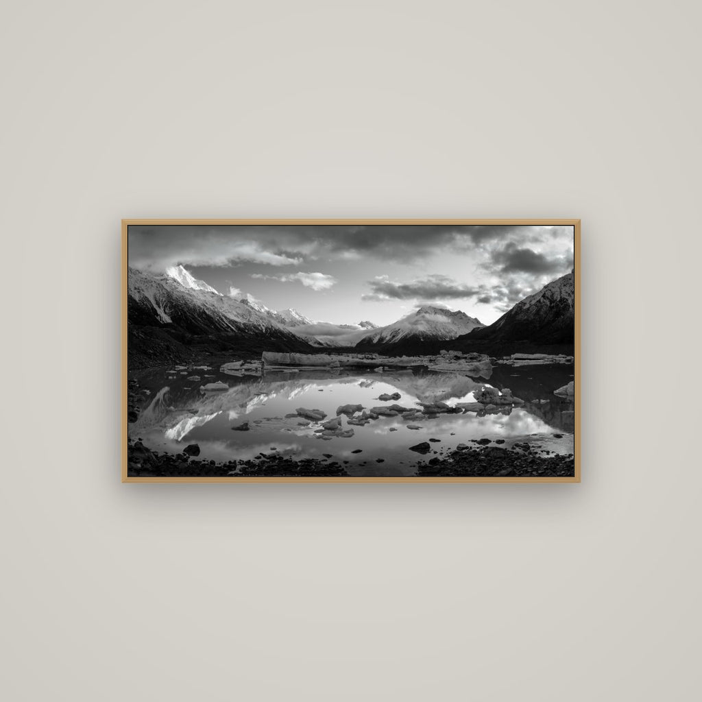 Aurora of Aoraki, Tasman Glacier's Awakening, Basel Natural Oak, 107×60 cm. New Zealand fine art wall art by Stephen Milner.