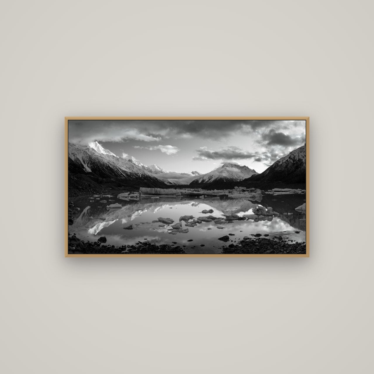 Aurora of Aoraki, Tasman Glacier's Awakening, Basel Natural Oak, 107×60 cm. New Zealand fine art wall art by Stephen Milner.