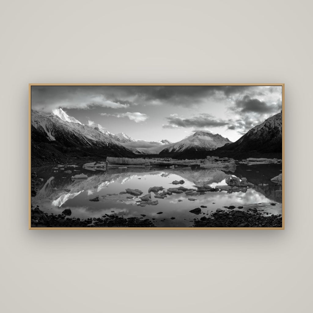 Aurora of Aoraki, Tasman Glacier's Awakening, Basel Natural Oak, 160×90 cm. New Zealand fine art wall art by Stephen Milner.
