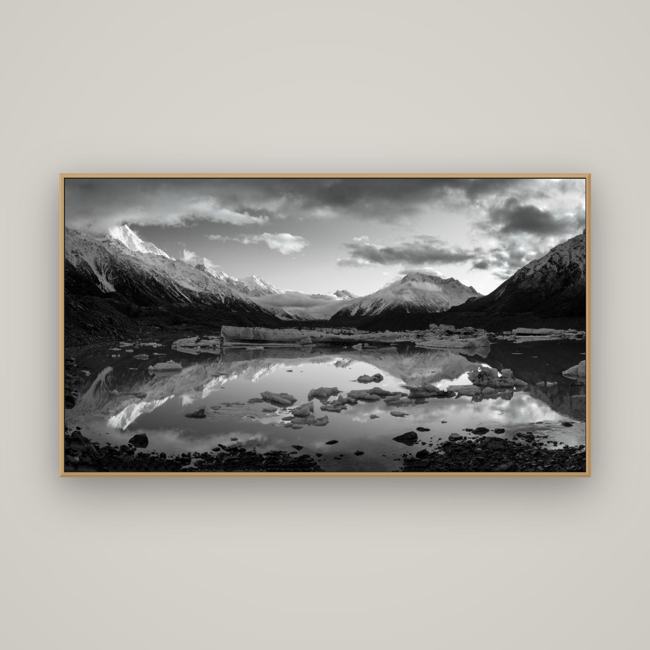Aurora of Aoraki, Tasman Glacier's Awakening, Basel Natural Oak, 160×90 cm. New Zealand fine art wall art by Stephen Milner.