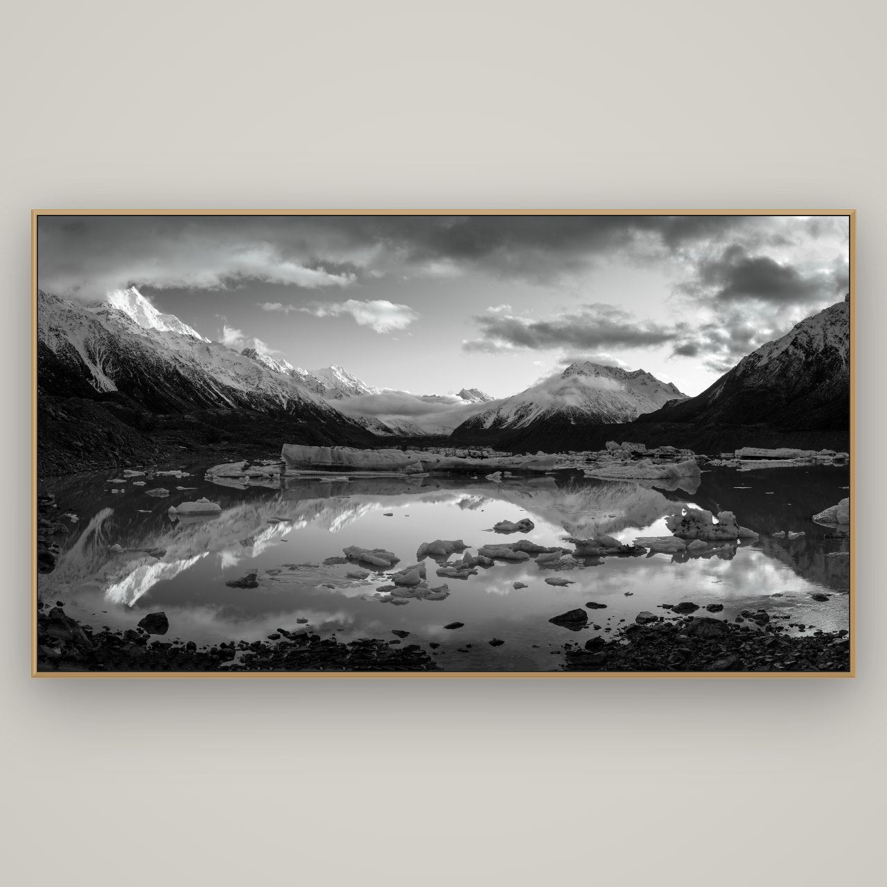 Aurora of Aoraki, Tasman Glacier's Awakening, Basel Natural Oak, 196×110 cm. New Zealand fine art wall art by Stephen Milner.