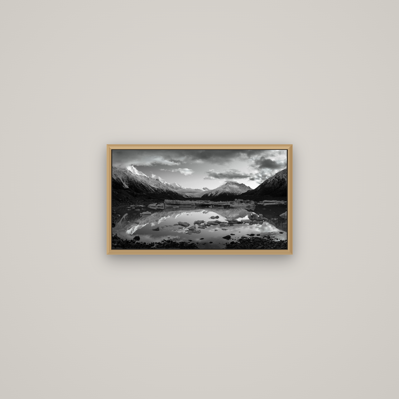 Aurora of Aoraki, Tasman Glacier's Awakening, Basel Natural Oak, 53×30 cm. New Zealand fine art wall art by Stephen Milner.