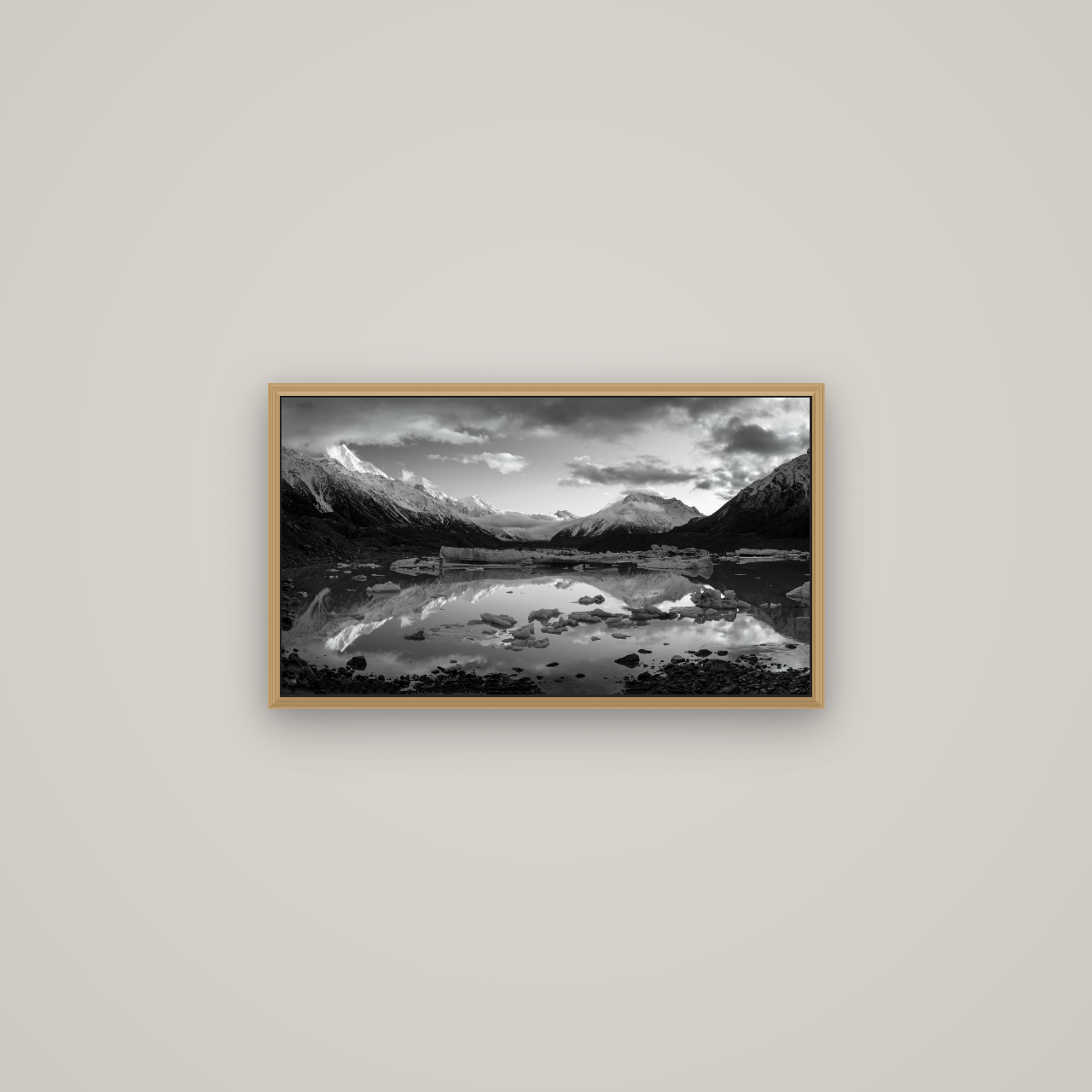 Aurora of Aoraki, Tasman Glacier's Awakening, Basel Natural Oak, 64×36 cm. New Zealand fine art wall art by Stephen Milner.
