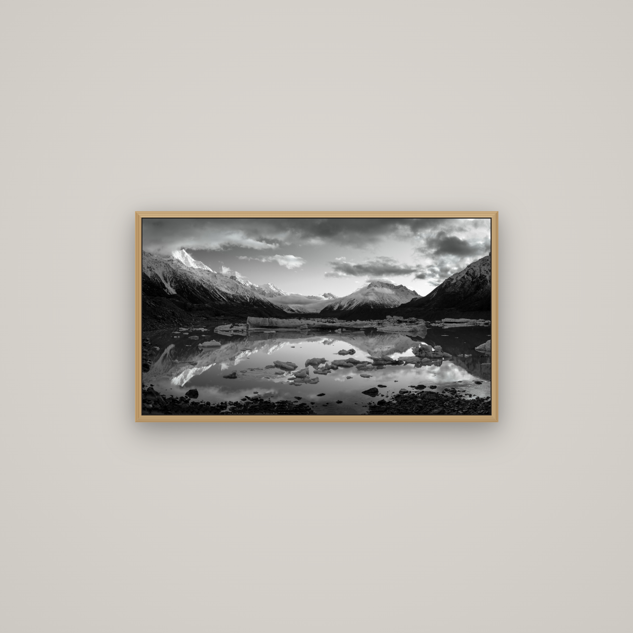 Aurora of Aoraki, Tasman Glacier's Awakening, Basel Natural Oak, 80×45 cm. New Zealand fine art wall art by Stephen Milner.