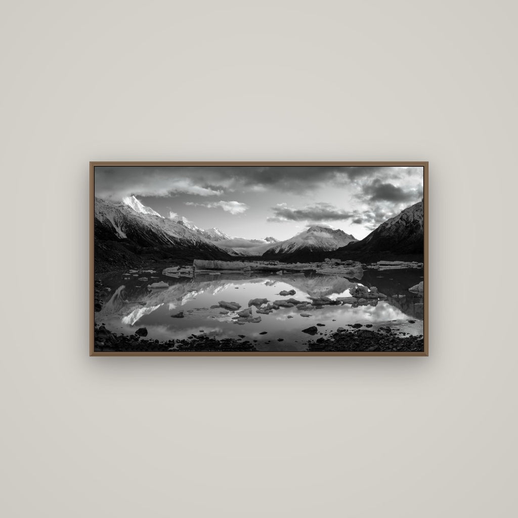 Aurora of Aoraki, Tasman Glacier's Awakening, Basel Walnut, 107×60 cm. New Zealand fine art wall art by Stephen Milner.
