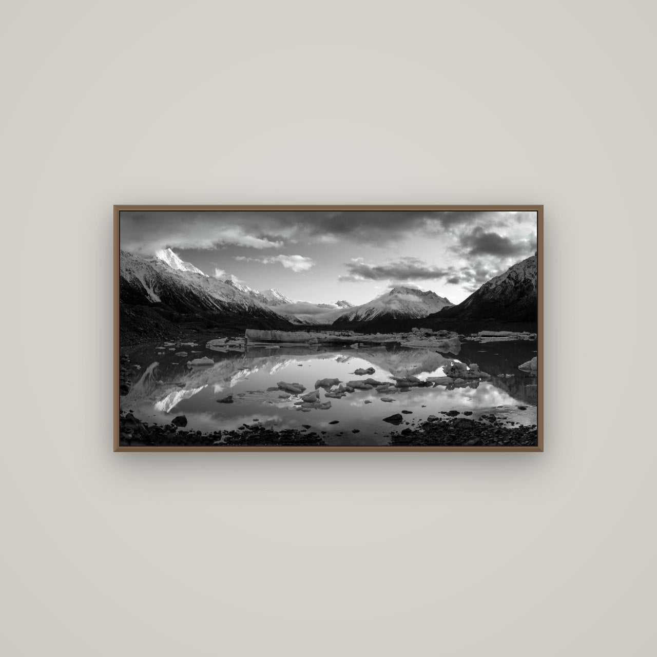 Aurora of Aoraki, Tasman Glacier's Awakening, Basel Walnut, 107×60 cm. New Zealand fine art wall art by Stephen Milner.
