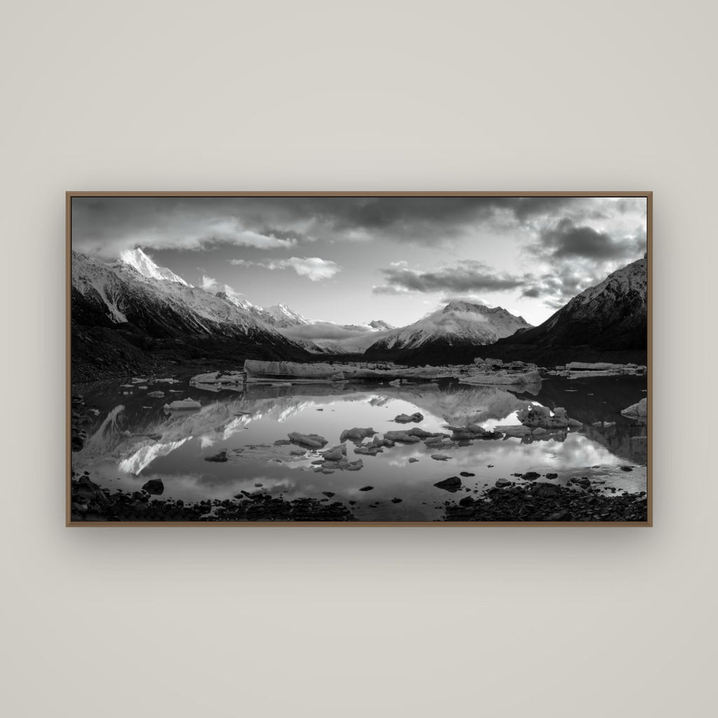 Aurora of Aoraki, Tasman Glacier's Awakening, Basel Walnut, 160×90 cm. New Zealand fine art wall art by Stephen Milner.