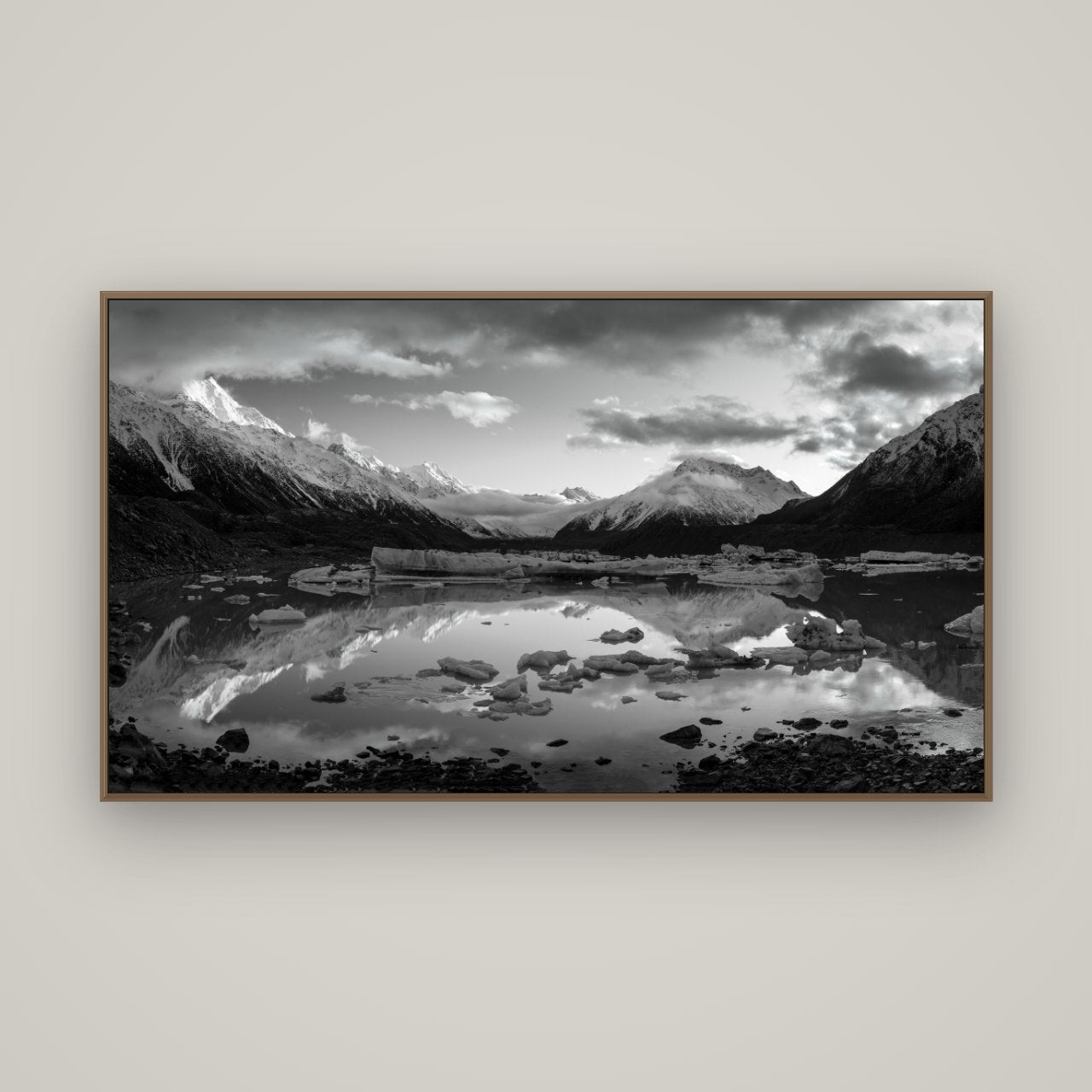 Aurora of Aoraki, Tasman Glacier's Awakening, Basel Walnut, 160×90 cm. New Zealand fine art wall art by Stephen Milner.