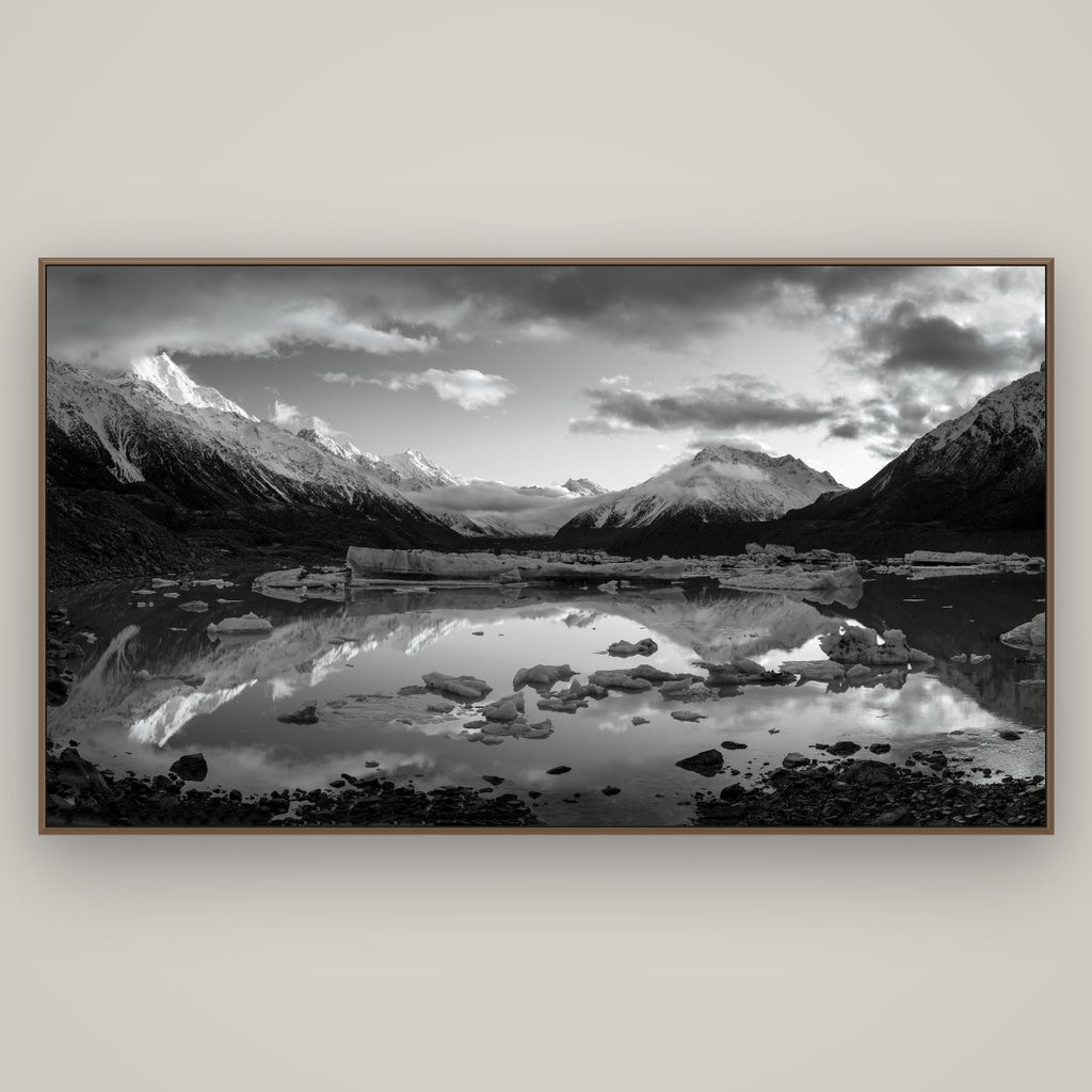 Aurora of Aoraki, Tasman Glacier's Awakening, Basel Walnut, 196×110 cm. New Zealand fine art wall art by Stephen Milner.