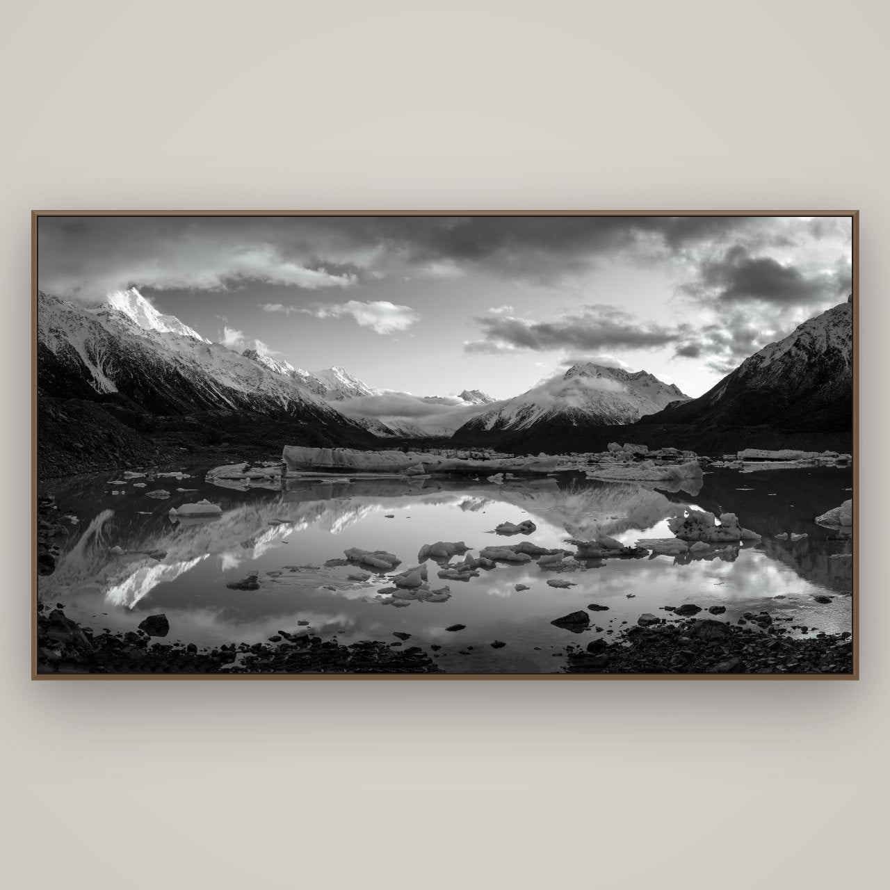 Aurora of Aoraki, Tasman Glacier's Awakening, Basel Walnut, 196×110 cm. New Zealand fine art wall art by Stephen Milner.