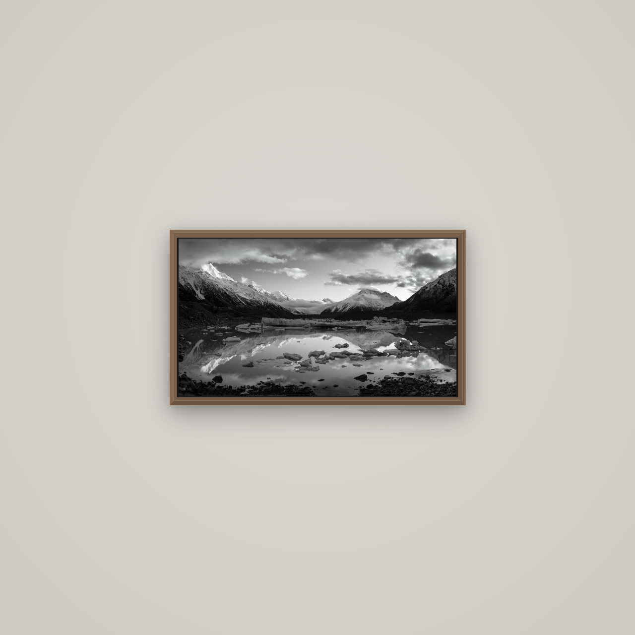 Aurora of Aoraki, Tasman Glacier's Awakening, Basel Walnut, 53×30 cm. New Zealand fine art wall art by Stephen Milner.
