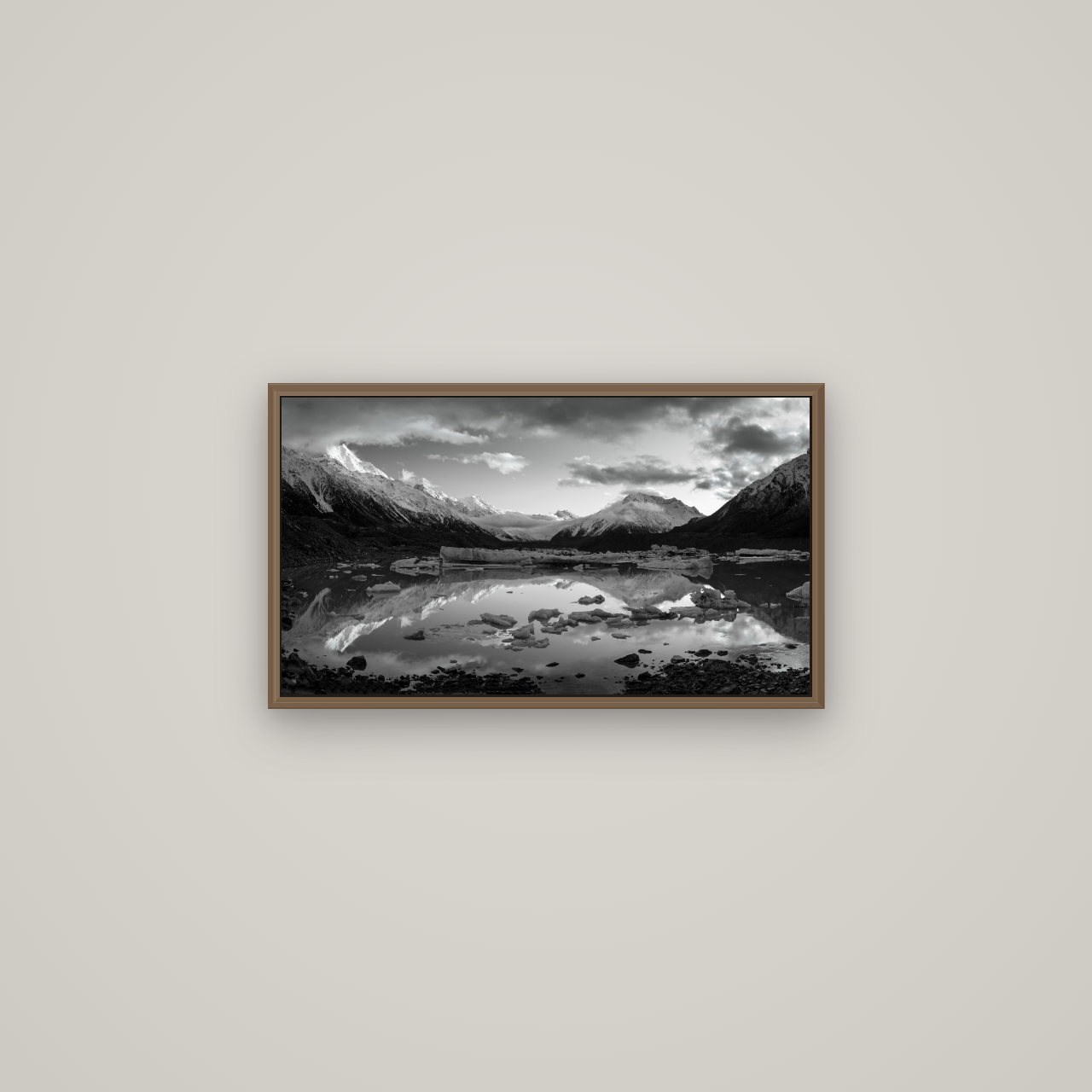 Aurora of Aoraki, Tasman Glacier's Awakening, Basel Walnut, 64×36 cm. New Zealand fine art wall art by Stephen Milner.