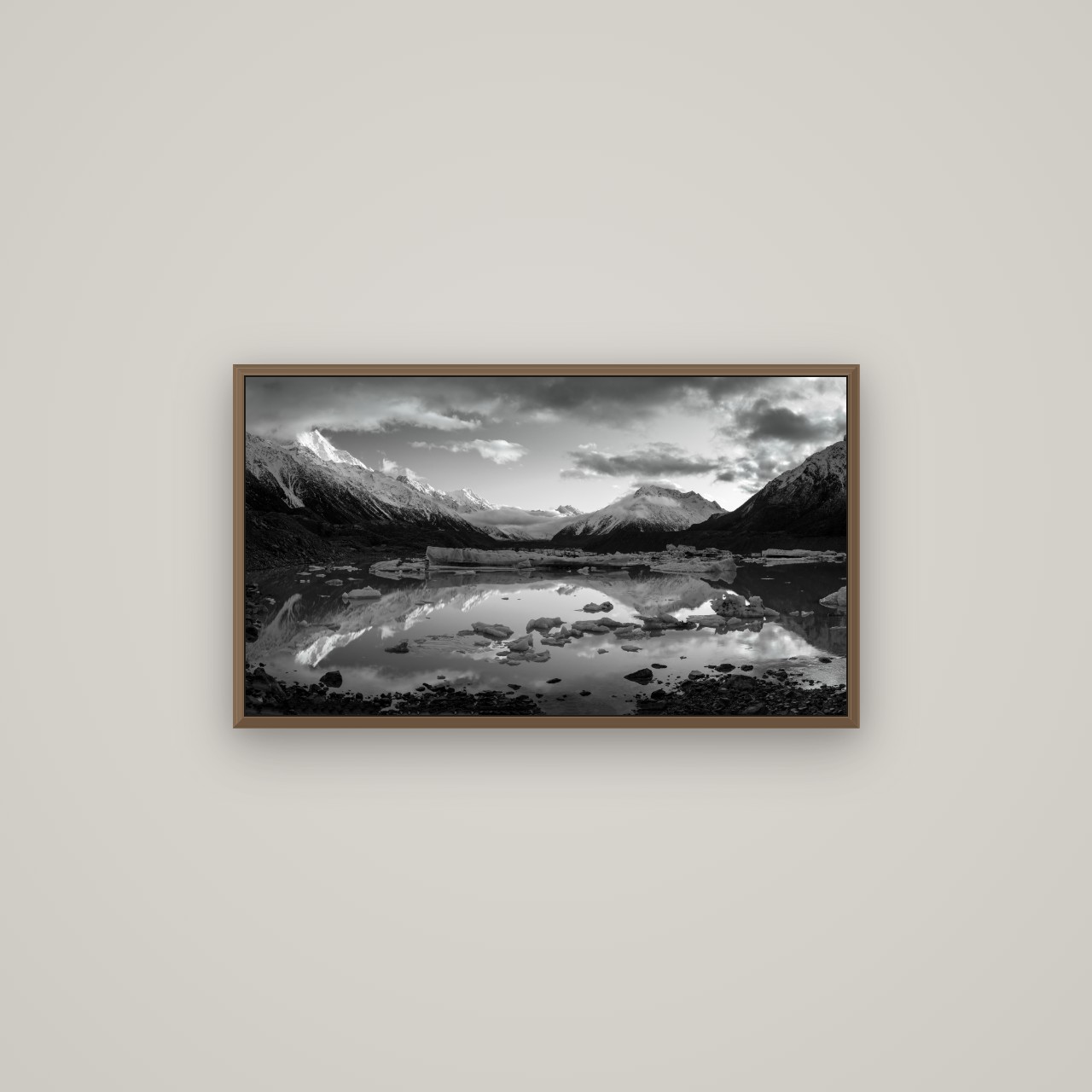 Aurora of Aoraki, Tasman Glacier's Awakening, Basel Walnut, 80×45 cm. New Zealand fine art wall art by Stephen Milner.