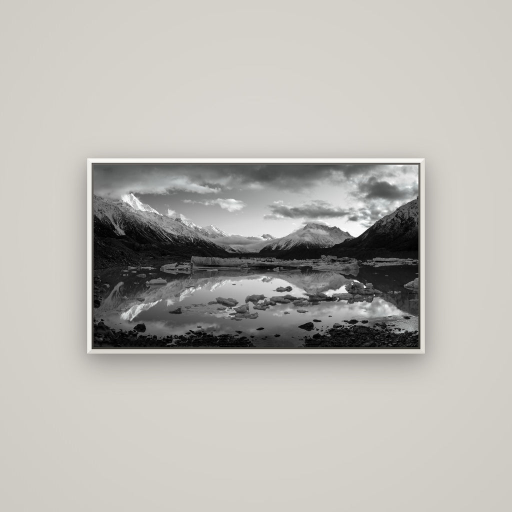 Aurora of Aoraki, Tasman Glacier's Awakening — Basel White, 107×60 cm. New Zealand fine art wall art by Stephen Milner.