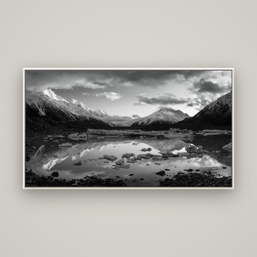 Aurora of Aoraki, Tasman Glacier's Awakening — Basel White, 160×90 cm. New Zealand fine art wall art by Stephen Milner.