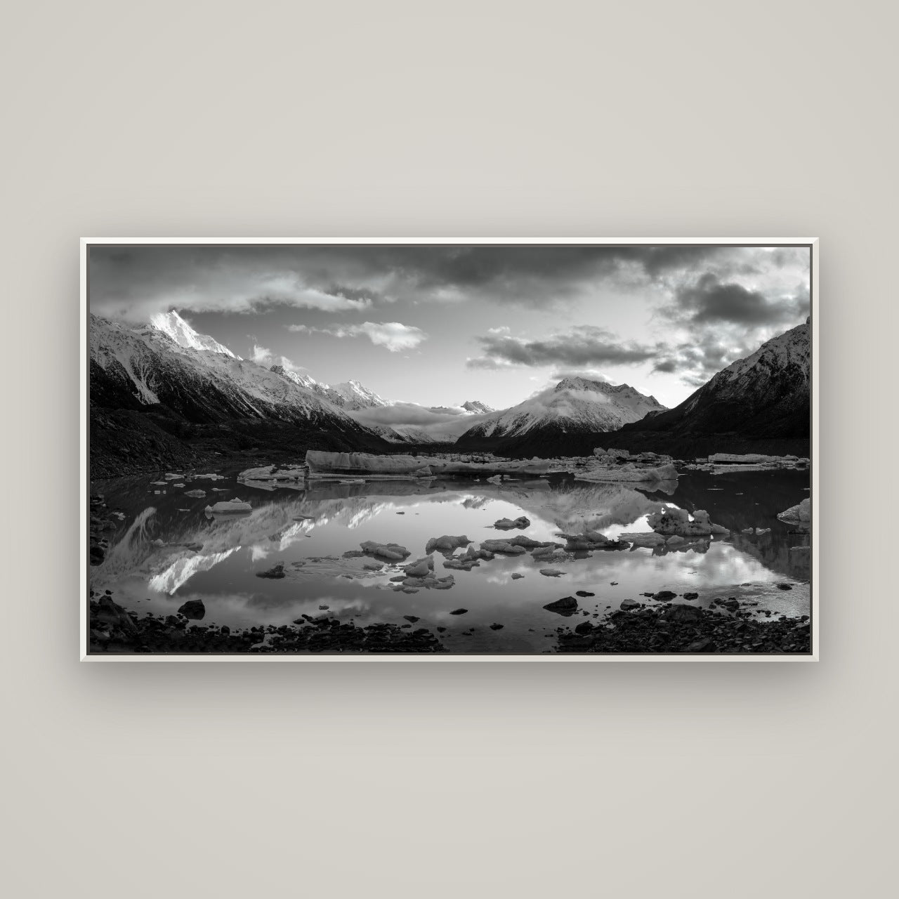 Aurora of Aoraki, Tasman Glacier's Awakening — Basel White, 160×90 cm. New Zealand fine art wall art by Stephen Milner.