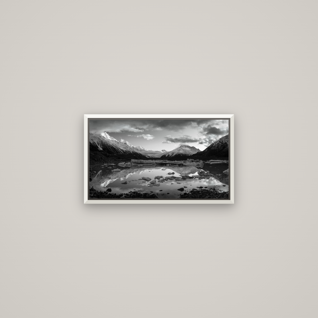 Aurora of Aoraki, Tasman Glacier's Awakening — Basel White, 53×30 cm. New Zealand fine art wall art by Stephen Milner.