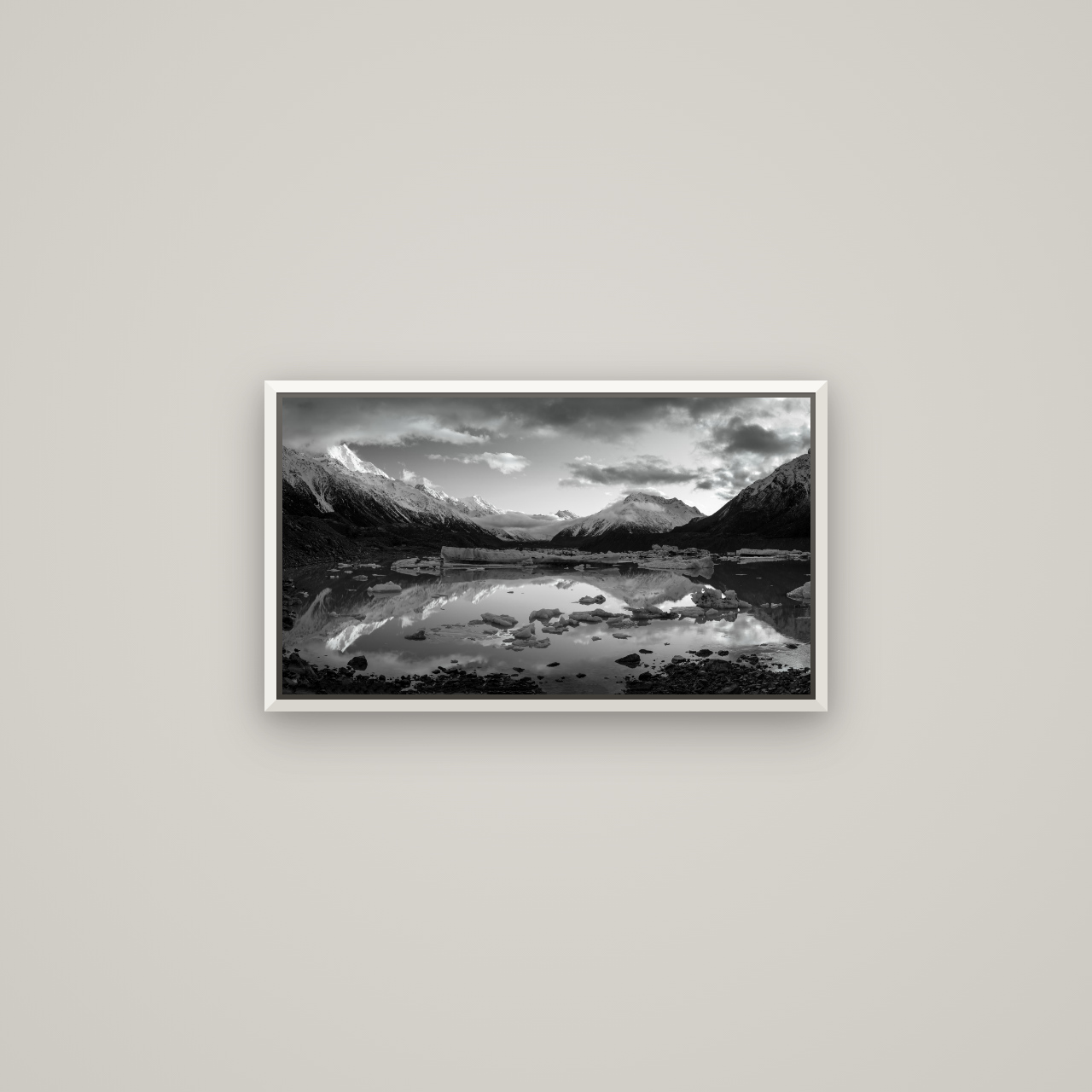 Aurora of Aoraki, Tasman Glacier's Awakening — Basel White, 64×36 cm. New Zealand fine art wall art by Stephen Milner.