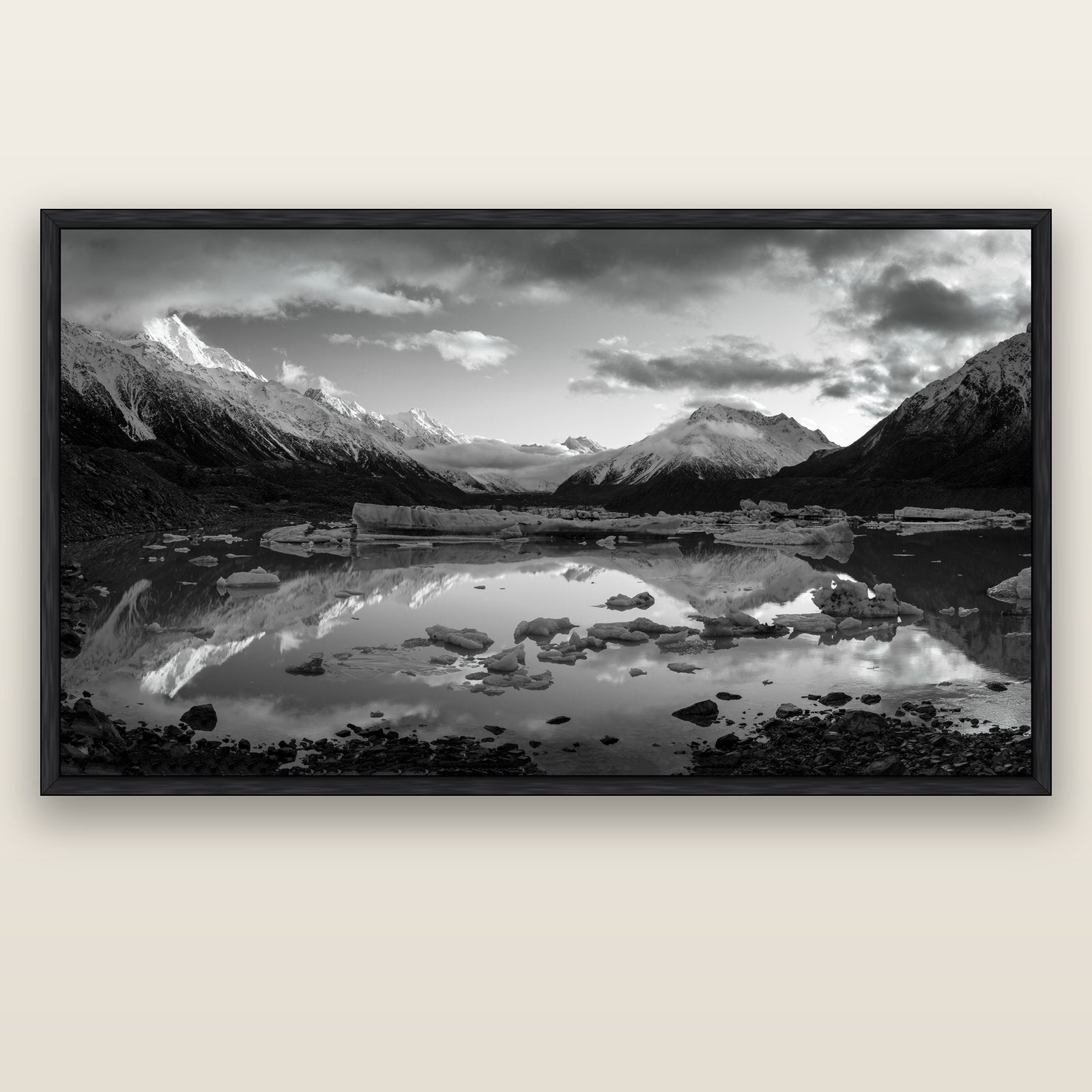 Aurora of Aoraki, Tasman Glacier's Awakening — black float frame canvas, 200 × 130 cm. New Zealand fine art landscape wall art by Stephen Milner.