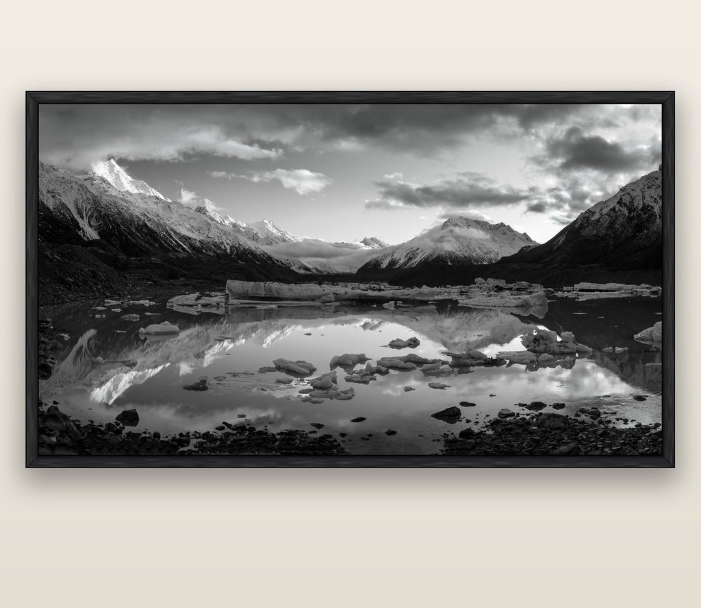 Aurora of Aoraki, Tasman Glacier's Awakening — black float frame canvas, 200 × 130 cm. New Zealand fine art landscape wall art by Stephen Milner.