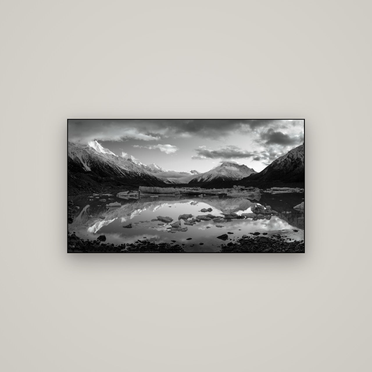 Aurora of Aoraki, Tasman Glacier's Awakening — Slimline Black, 107×60 cm. New Zealand fine art wall art by Stephen Milner.