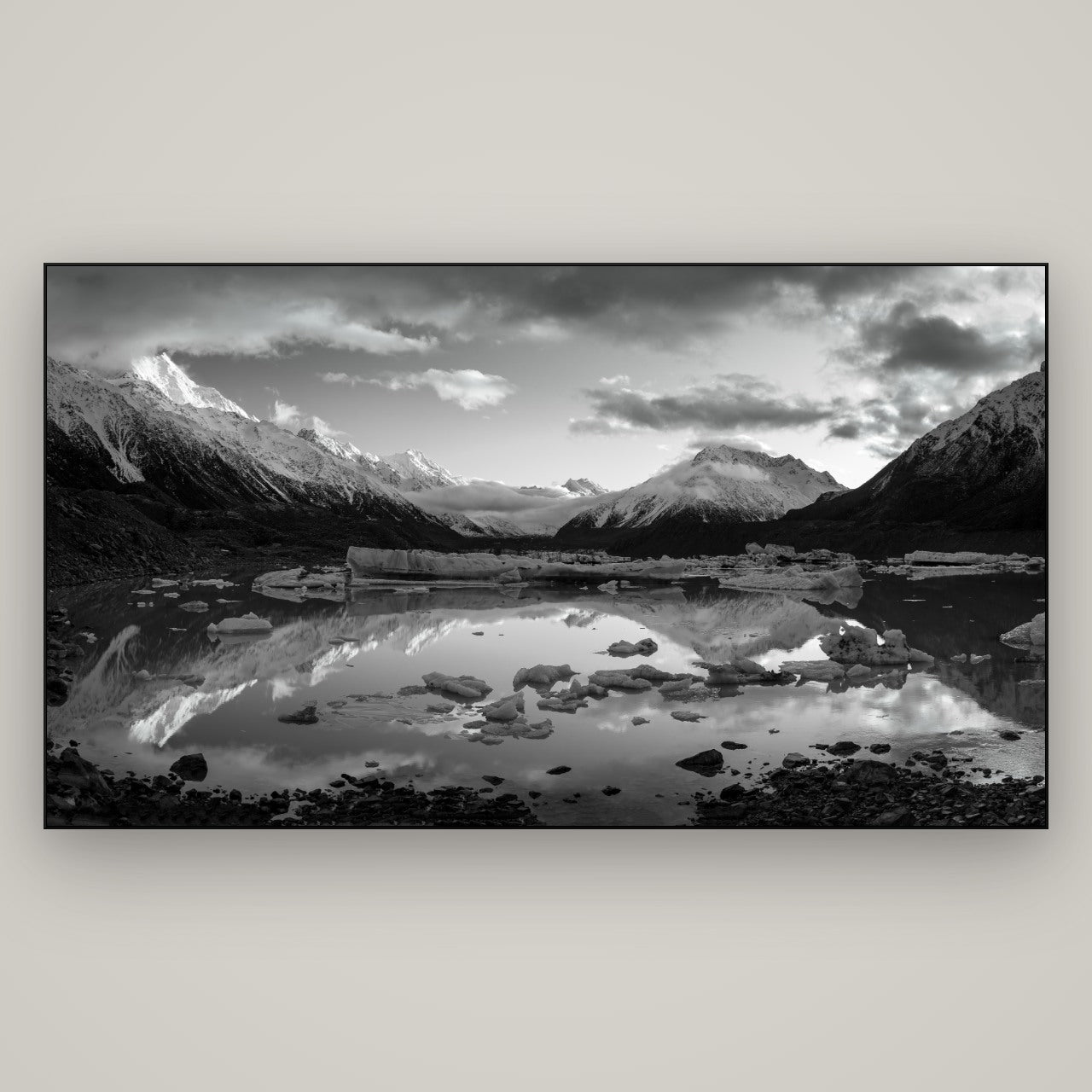 Aurora of Aoraki, Tasman Glacier's Awakening — Slimline Black, 196×110 cm. New Zealand fine art wall art by Stephen Milner.