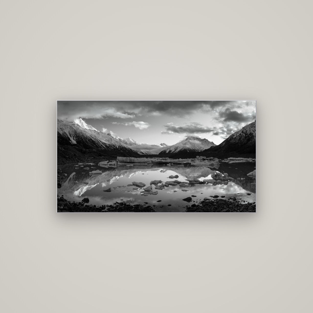 Aurora of Aoraki, Tasman Glacier's Awakening — Slimline Silver, 107×60 cm. New Zealand fine art wall art by Stephen Milner.
