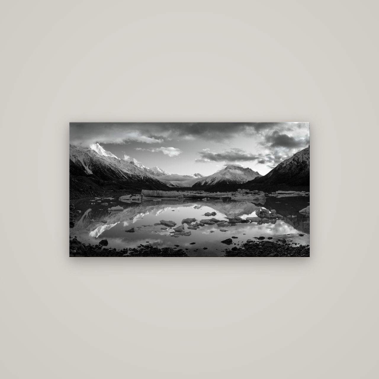 Aurora of Aoraki, Tasman Glacier's Awakening — No frame, 107×60 cm. New Zealand fine art wall art by Stephen Milner.