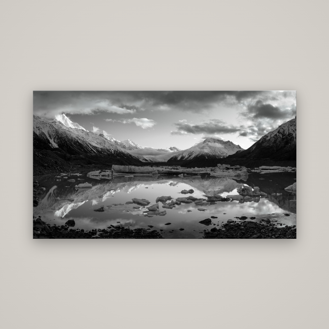 Aurora of Aoraki, Tasman Glacier's Awakening — No frame, 160×90 cm. New Zealand fine art wall art by Stephen Milner.