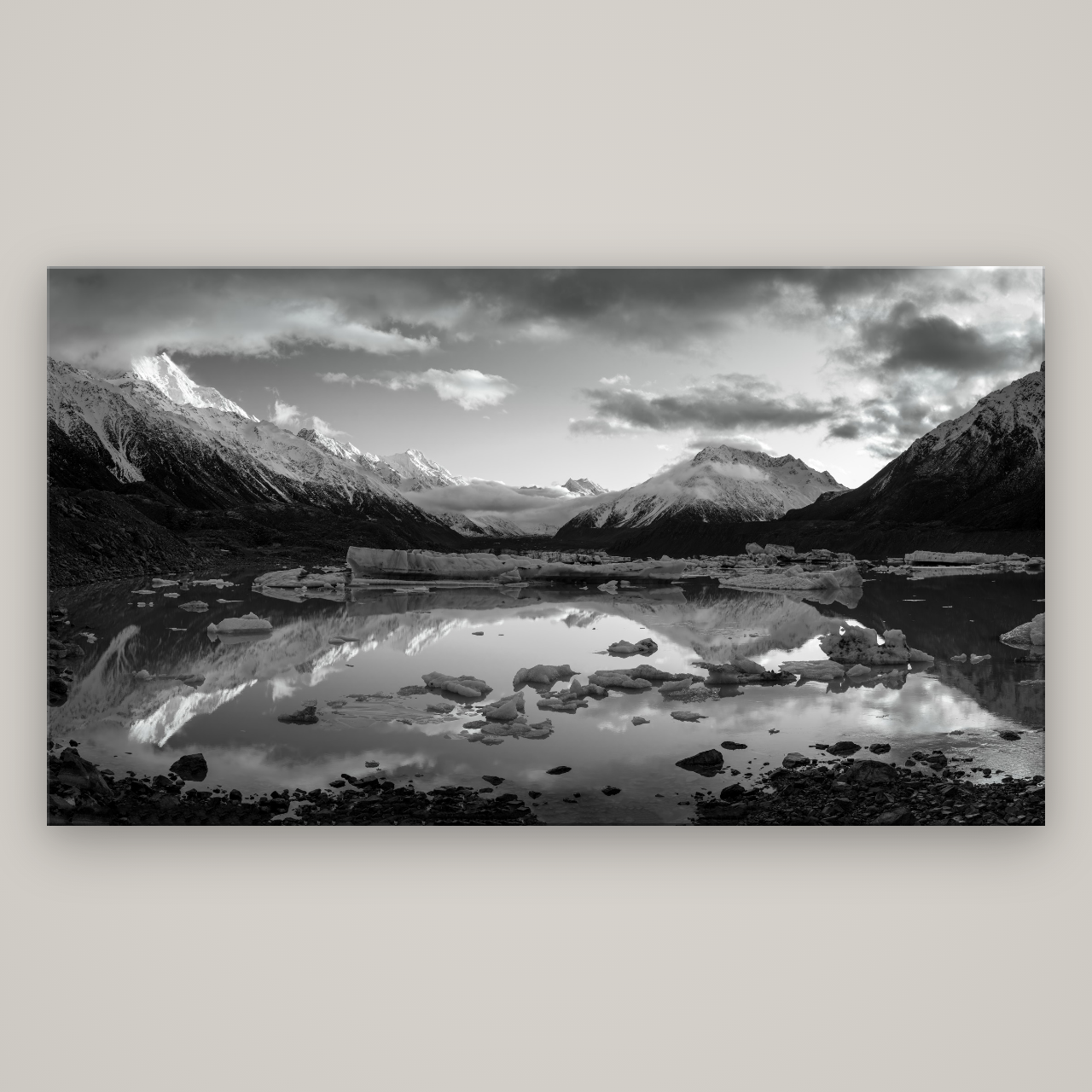 Aurora of Aoraki, Tasman Glacier's Awakening — No frame, 196×110 cm. New Zealand fine art wall art by Stephen Milner.